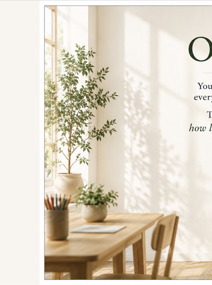 A sunlit classroom with plants and a wooden table
