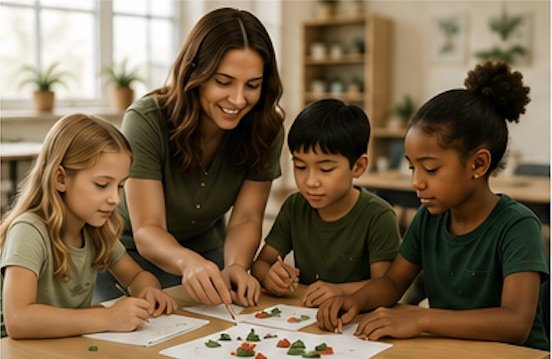 A teacher guiding children through a hands-on learning activity
