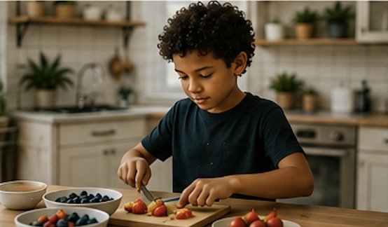 A child practicing independent life skills