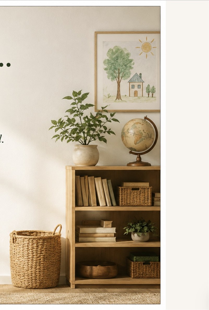 A classroom shelf with books, plants, and learning materials