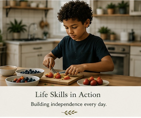 A child practicing independent life skills in a kitchen