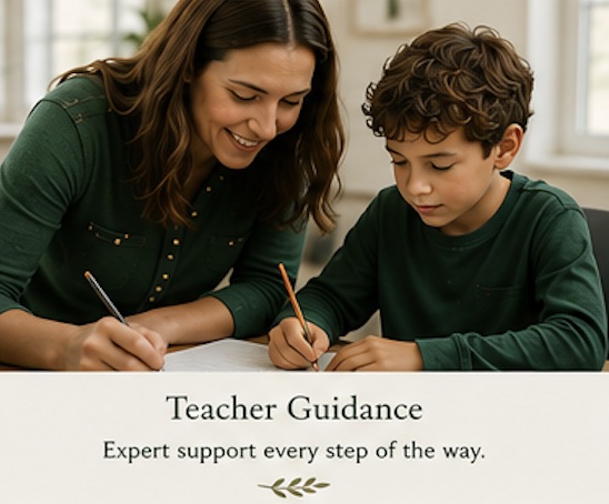 A teacher sitting beside a child, writing together